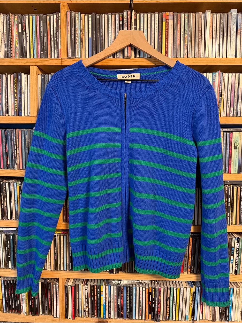 Boden Blue and Green Striped Zip-Up Sweater